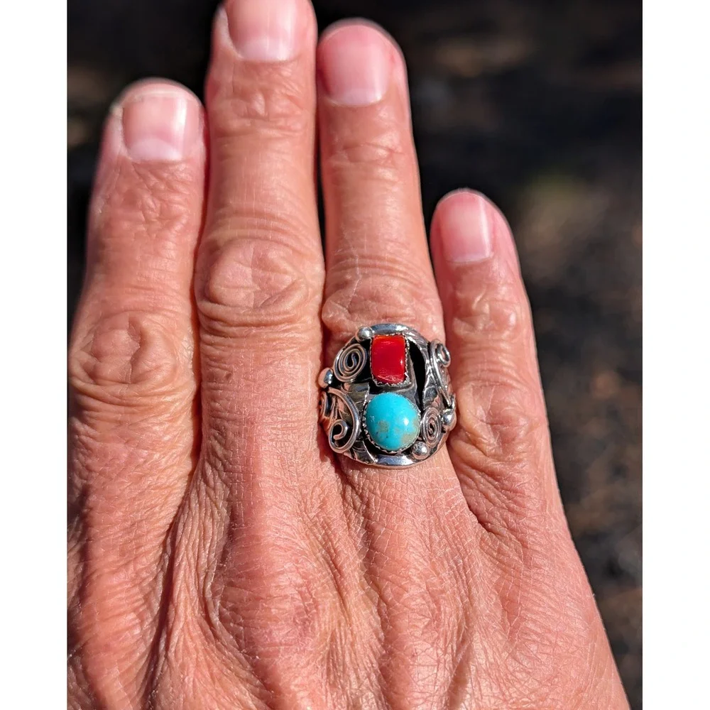 Navajo Men's Ring Sterling Turquoise Coral by Lorena Brown‎ 10.5 Southwest **